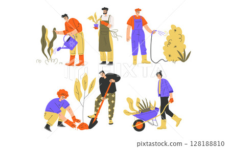Engaging in Various Gardening Activities with Many Diverse Workers in a Flourishing Landscape 128188810
