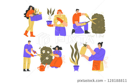 Individuals Participating in Various Gardening and Caring Activities Involving Plants and Nature Individuals Participating in Various Gardening and Caring Activities Involving Plants and Nature 128188811