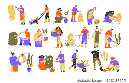 A group of diverse gardeners actively engaging in a variety of planting and gardening activities 128188815