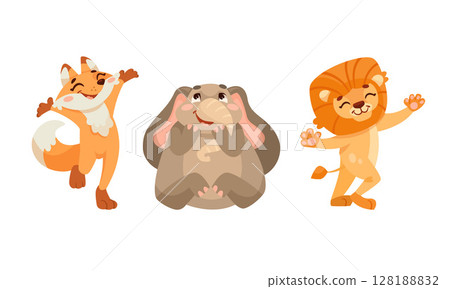 Playful Animal Characters A Fox, an Elephant, and a Lion Joyfully Dancing Together in Harmony 128188832