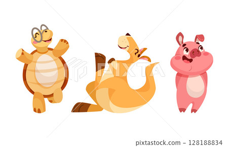 Playful Cartoon Animals Featuring a Turtle, a Kangaroo, and an Adorable Pig Character 128188834