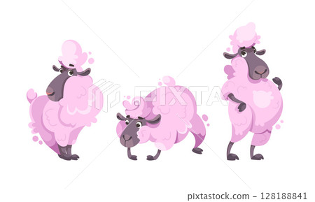 Delightfully Charming Cartoon Pink Sheep Characters in Whimsical and Playful Poses and Actions 128188841