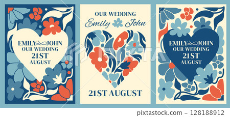 Contemporary wedding invitation templates with hand drawn bold floral designs, personalized details, and copy space for customization. Invitation cards for romantic and modern 128188912