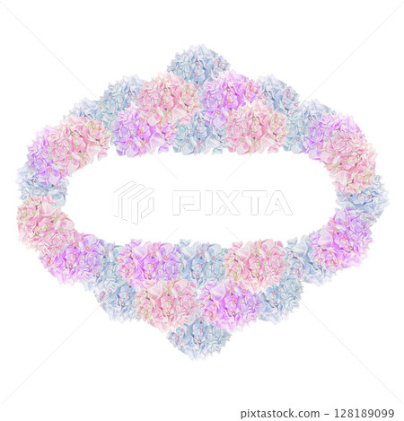 Oval frame of blue, pink and red hydrangeas. Isolated on a white background. 128189099
