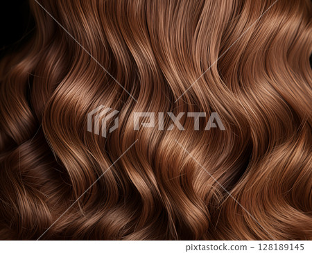 Hair cascades gracefully in soft waves. Close-up brown hair. Hair texture background 128189145