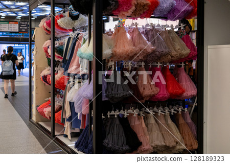 Colorful ruffled children's skirts elegantly displayed in a modern mall retail store, symbolizing whimsical fashion and joyful celebration Colorful ruffled children's skirts elegantly displayed in a modern mall retail store, symbolizing whimsical fashion and joyful celebration 128189323
