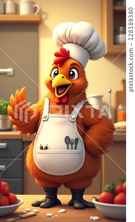 A cheerful 3D cartoon chicken in a chef hat and apron in a kitchen setting, ready to cook. 128189380