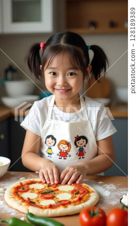 A cheerful child chef busy in the kitchen, preparing a tasty homemade pizza for dinner. 128189389