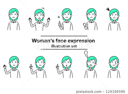 Stock Illustration: Green-haired woman's emotional expression set | Vector line drawing style 128189390