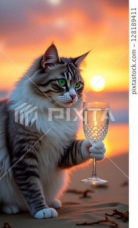 Fluffy cat with green eyes holds a drink on a sandy beach at sunset. 128189411