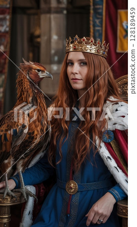 A red-haired queen wearing a crown and royal robe, sitting with a majestic raptor bird in a regal setting. A red-haired queen wearing a crown and royal robe, sitting with a majestic raptor bird in a regal setting. 128189459