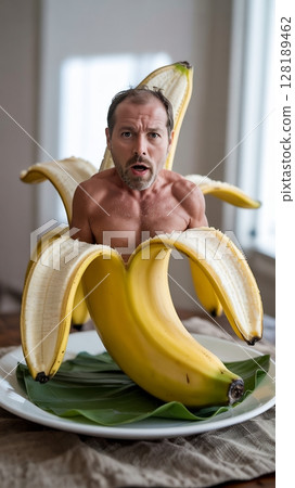 Surprised man's torso and head emerge from a peeled banana. Funny, unexpected. 128189462
