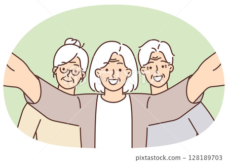 Smiling elderly people posing taking selfie together video active lifestyle and enjoying retirement 128189703