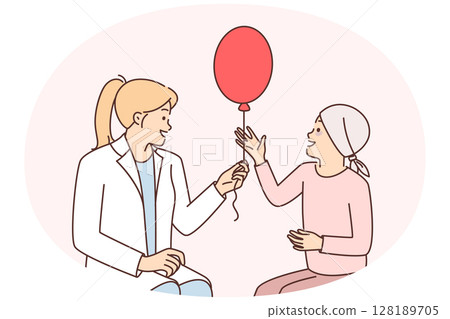 Woman doctor and little girl suffering from cancer with balloon are in oncology clinic 128189705