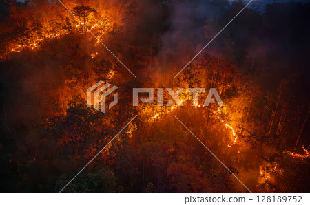 Wildfires release carbon dioxide (CO2) emissions and other greenhouse gases (GHG) that contribute to climate change. 128189752