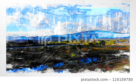 素描風格素描風景唯美鳥瞰無人機攝影天空山脈半空中漂浮夢幻無人機 128189780