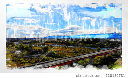 Sketch-style sketch landscape beautiful aerial view drone photography sky mountain midair floating fantastic drone 128189781