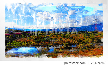 Sketch-style sketch landscape beautiful aerial view drone photography sky mountain midair floating fantastic drone 128189782