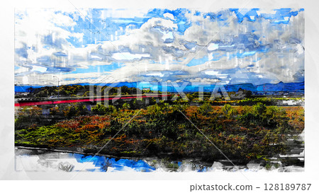 Sketch-style sketch landscape beautiful aerial view drone photography sky mountain midair floating fantastic drone 128189787