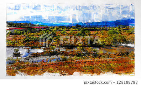 Sketch-style sketch landscape beautiful aerial view drone photography sky mountain midair floating fantastic drone 128189788