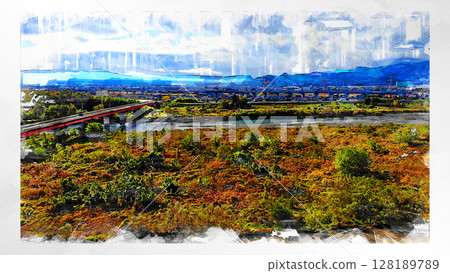 Sketch-style sketch landscape beautiful aerial view drone photography sky mountain midair floating fantastic drone 128189789