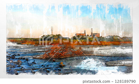 Sketch-style sketch landscape beautiful aerial view drone photography sky mountain midair floating fantastic drone 128189790