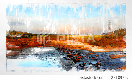 Sketch-style sketch landscape beautiful aerial view drone photography sky mountain midair floating fantastic drone 128189792