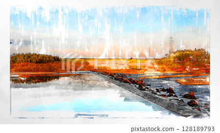 Sketch-style sketch landscape beautiful aerial view drone photography sky mountain midair floating fantastic drone 128189793