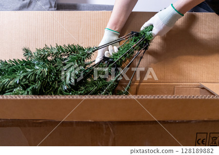unpacking artificial christmas tree with protective gloves in a cardboard box during holiday preparation 128189882