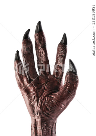 Red devil monster hand isolated on white background with clipping path 128189955