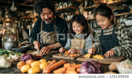 Asian family cooking together in rustic kitchen, chopping vegetables and smiling, joyful home bonding activity in warm atmosphere 128189998
