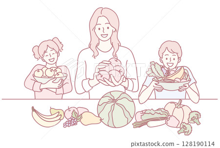 A Family Happily Enjoying Healthy Fruits and Vegetables Together in a Joyous Atmosphere A Family Happily Enjoying Healthy Fruits and Vegetables Together in a Joyous Atmosphere 128190114