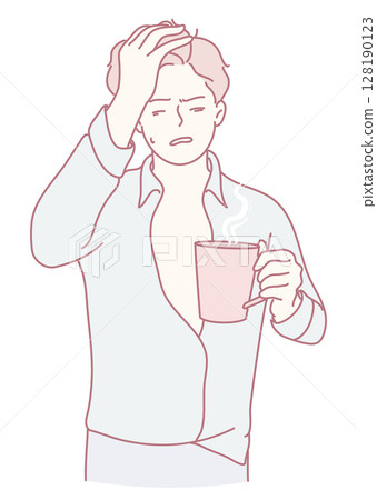 A very tired man holding a steaming coffee cup in the early morning light, feeling worn out 128190123