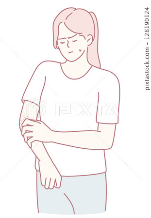 A woman experiences arm discomfort while embracing minimalism, reflecting her health concerns A woman experiences arm discomfort while embracing minimalism, reflecting her health concerns 128190124
