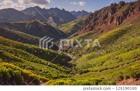 Mountain range with a river running through it. The valley is lush and green, with many trees and bushes. The sky is clear and sunny, creating a peaceful and serene atmosphere Mountain range with a river running through it. The valley is lush and green, with many trees and bushes. The sky is clear and sunny, creating a peaceful and serene atmosphere 128190180