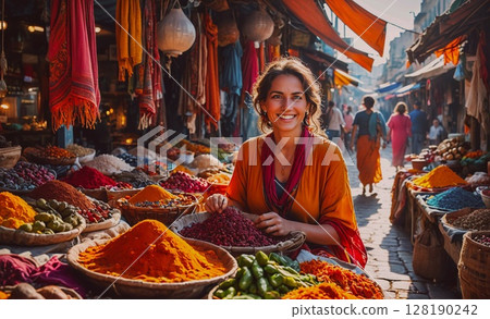 Woman is smiling in front of a colorful display of spices. The spices are arranged in baskets and bowls, and the woman is holding a handful of them. Concept of warmth and happiness 128190242
