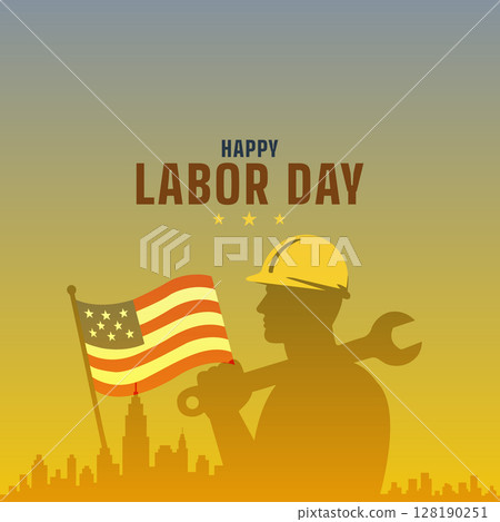 Bright Labor Day Illustration with Flag and Worker Over City Skyline Bright Labor Day Illustration with Flag and Worker Over City Skyline 128190251