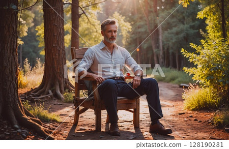 Man is sitting in a wooden chair in a forest. He is wearing a white shirt and blue pants 128190281
