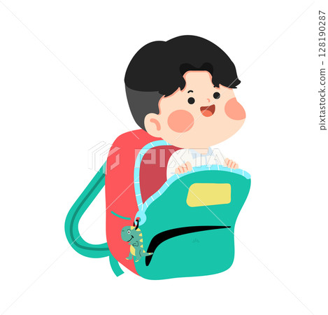 Schoolboy emerging from a backpack 128190287