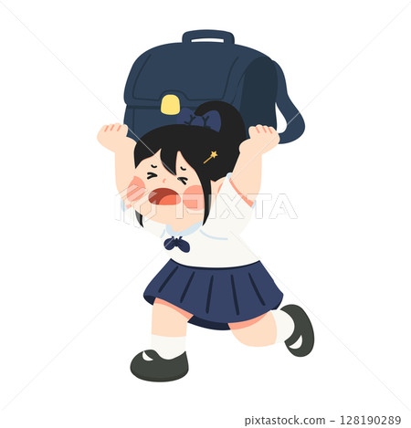 Illustration of Schoolgirl Struggling with Heavy Backpack Illustration of Schoolgirl Struggling with Heavy Backpack 128190289