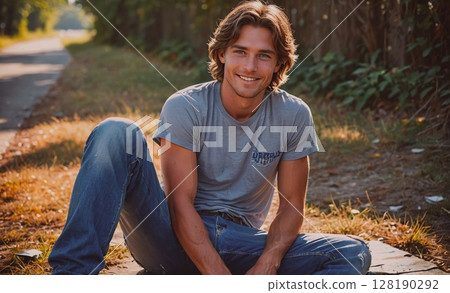 Man is sitting on the ground with his legs crossed and a smile on his face. He is wearing a grey shirt and blue jeans 128190292