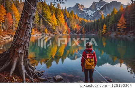 Woman stands on a rocky shoreline next to a lake, wearing a red jacket and a yellow backpack. The scene is serene and peaceful, with the woman taking in the beauty of the natural surroundings 128190304