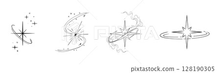 Abstract y2k line star, tattoo aesthetic doodle or sketch. Sparkle swirl silhouette line light, move, trail. Retro space orbit geometric  128190305