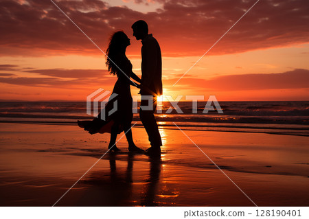 Couple on the beach with beautiful sunset in background. Silhouette of couple on the beach 128190401