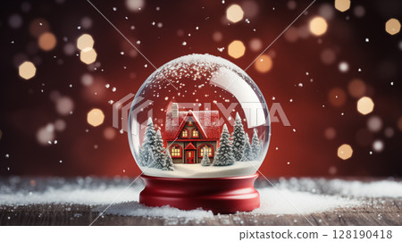 Christmas magic glass snow globe with a house and Christmas tree . Christmas tree and house 128190418