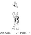 Acrobatic, balance, performance, cooperation concept. Hand drawn acrobats on static scene . Isolated vector illustration , acrobatics, gymnastic sketch illustration. Flying trio 128190432