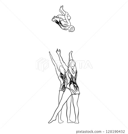 Acrobatic, balance, performance, cooperation concept. Hand drawn acrobats on static scene . Isolated vector illustration , acrobatics, gymnastic sketch illustration. Flying trio 128190432
