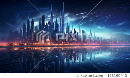 Abstract futuristic city skyline with glowing hologram buildings on a dark blue background 128190440