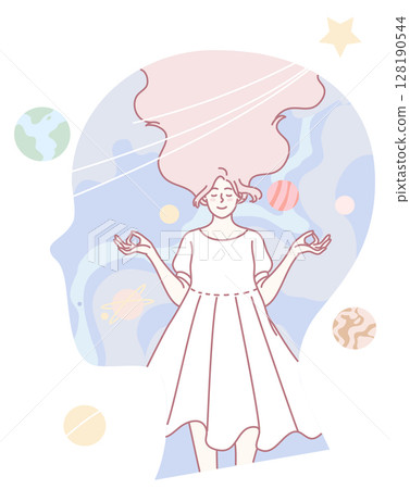 Exquisite Illustration of a Dreamy Woman Meditating Surrounded by Cosmic Elements 128190544