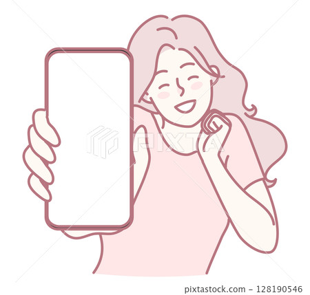 Cheerful woman happily holding her smartphone to take a joyful selfie in a vibrant setting 128190546